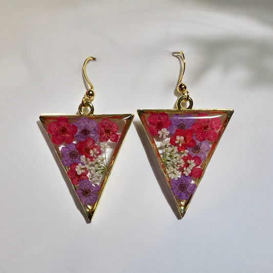 Red and Purple Plum Blossom Flowers with Queen Anne’s Lace Earrings