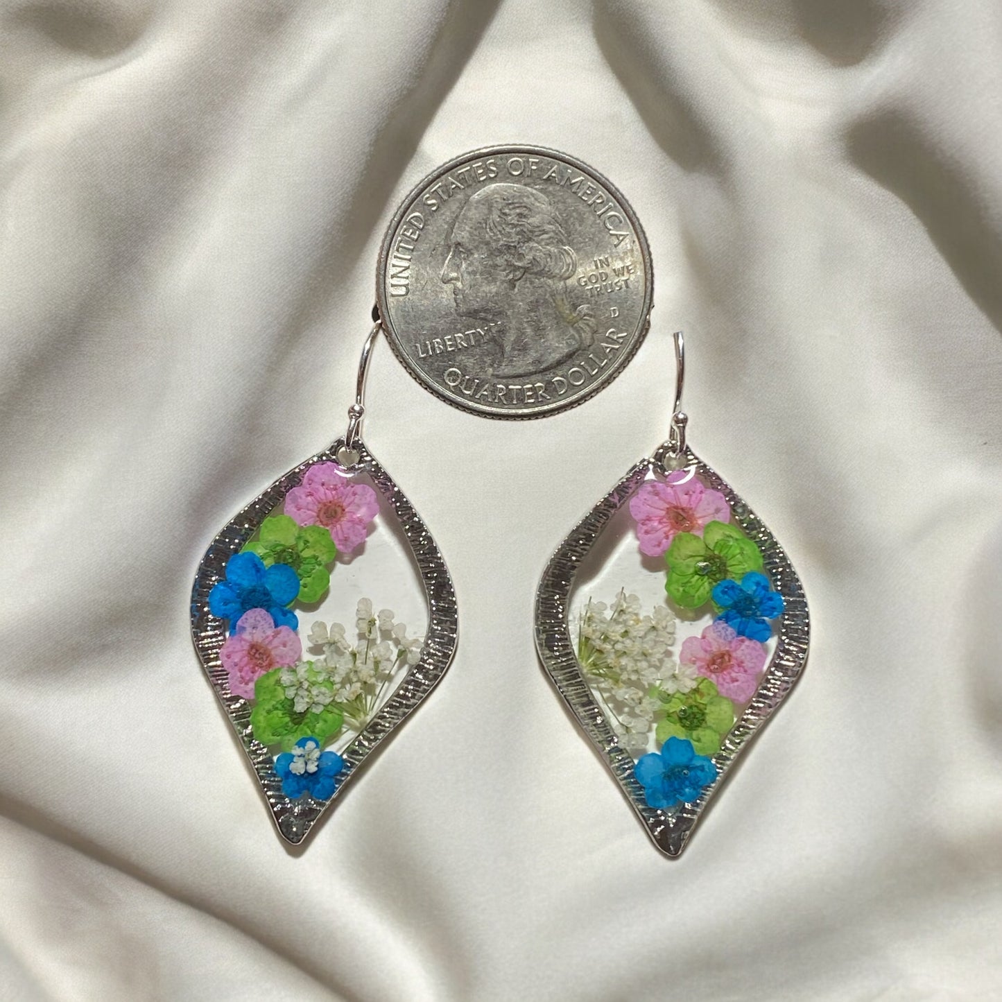 Light Pink, Green, and Blue Plum Blossom Flowers with Queen Anne’s Lace Earrings