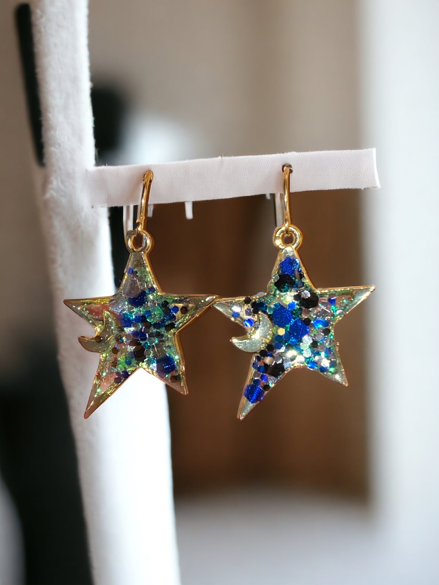 Blue and Green Chunky Glitter in Star and Moon Shape Bezel Earrings