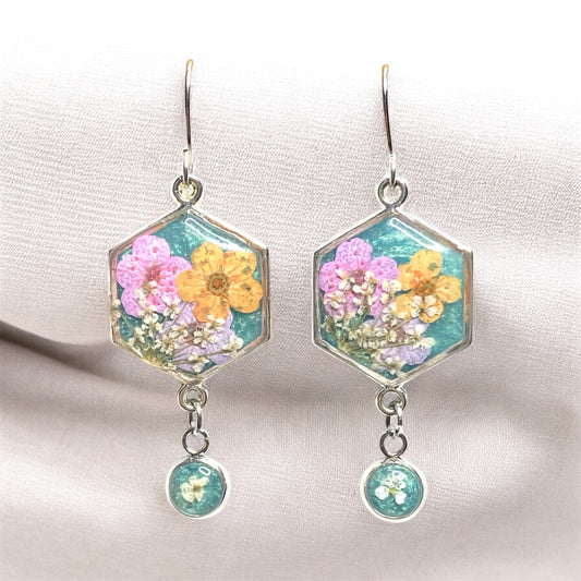 Teal Colored Mica Powder (Single) Dangle Earrings with Orange, Light Purple and Light Pink Plum Blossoms and Queen Anne’s Lace