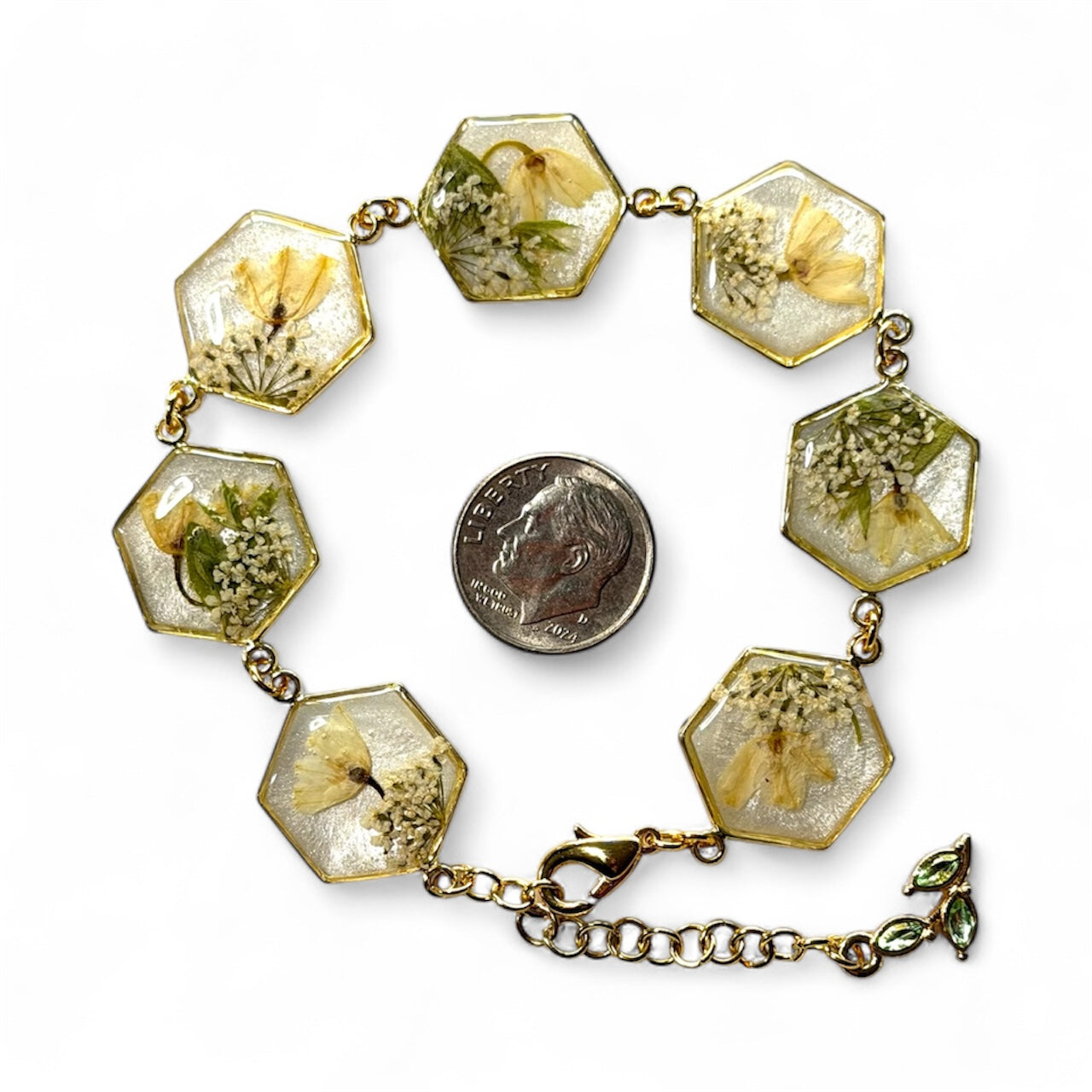 Gold Colored Bracelet with Lily of the Valley flowers and wild flower