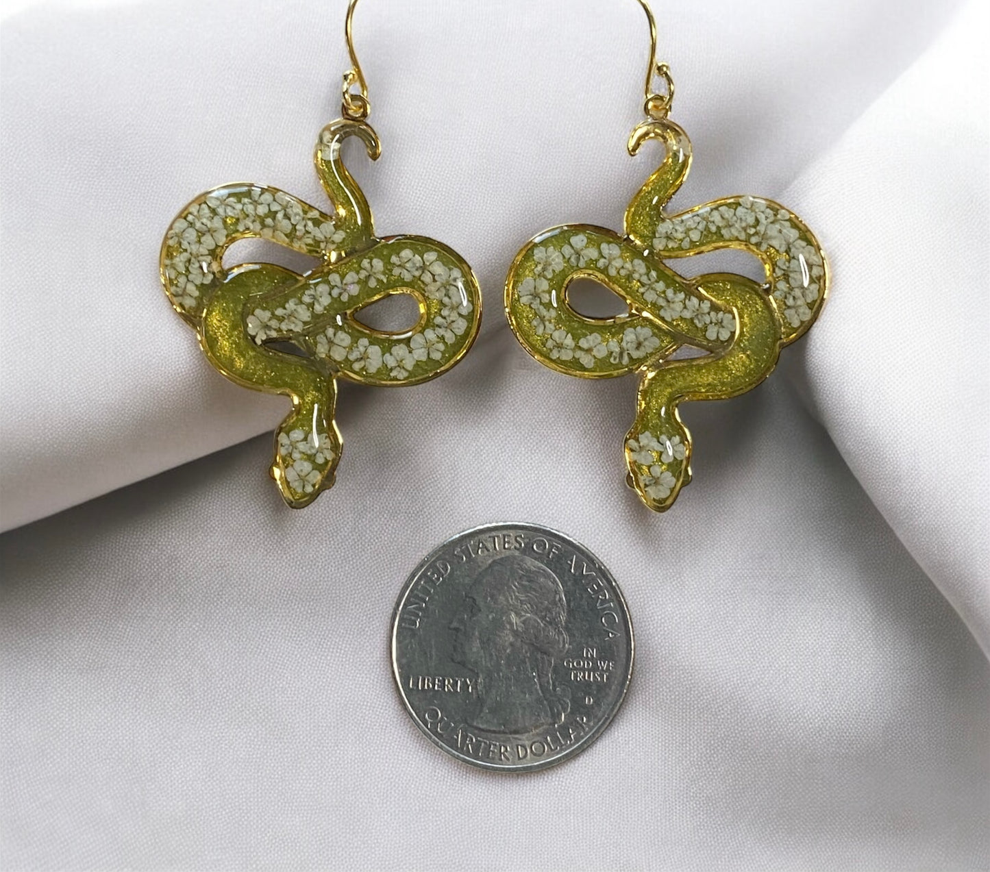 Green 24 kt Gold Plated Snake Bezel Earrings