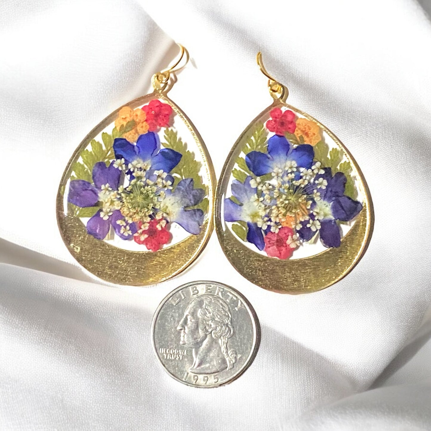 Dry Pressed Fern, Lobelia, Verbena, Red and Orange Plum Blossoms, with Queen Anne’s Lace