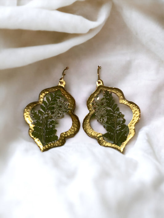 Dry Pressed Queen Anne’s Lace with Dry Pressed Fern set in a Brass Bezel
