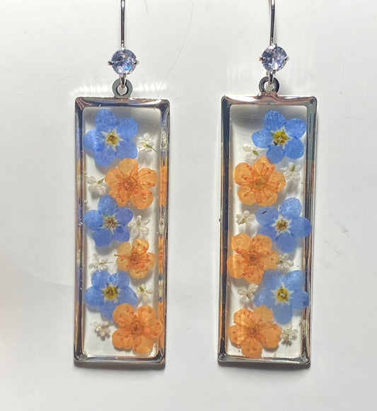 Blue Forget-Me Nots, Orange Plum Blossom Flowers with pieces of Queen Anne’s Lace