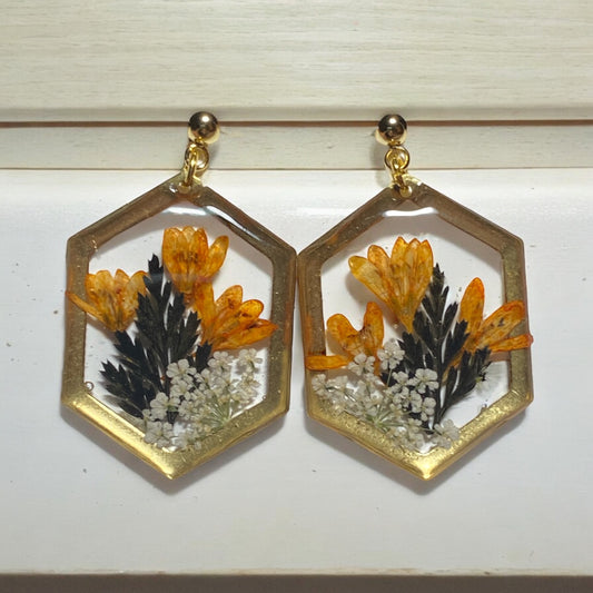 Orange Wild Flower, with Black Dry Pressed Fern and Queen Anne’s Lace