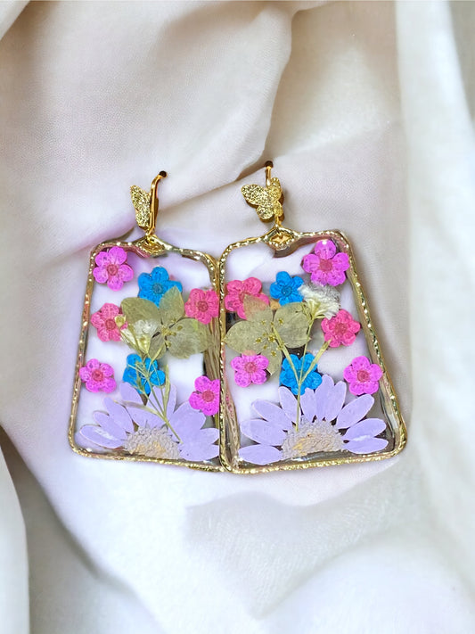 Purple Daisy with Blue, Pink and Purple Plum Blossoms with Dry Pressed Euphorbia Helioscopia Earrings