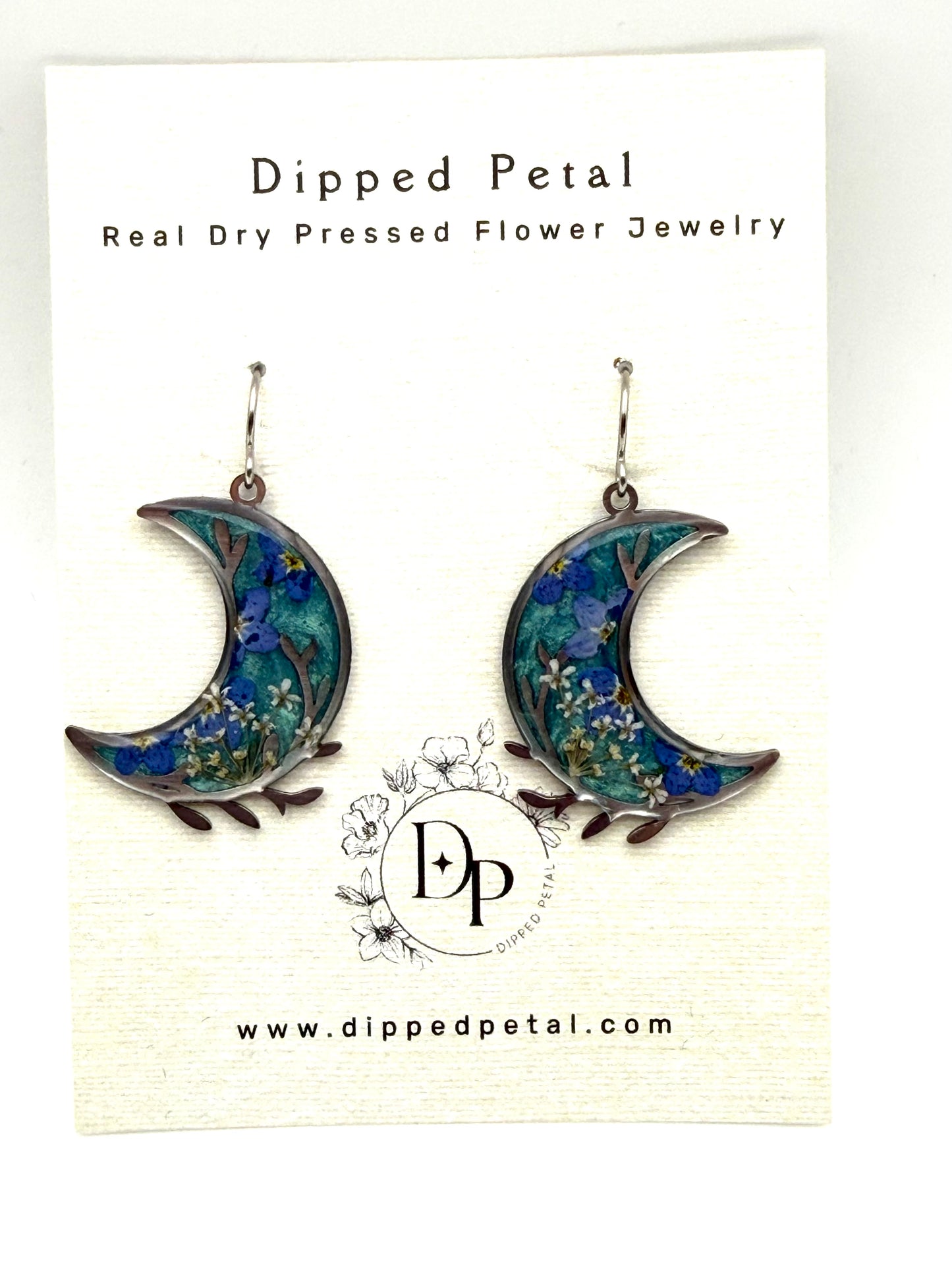 Teal Crescent Moons with Forget-Me-Nots and Queen Anne’s Lace
