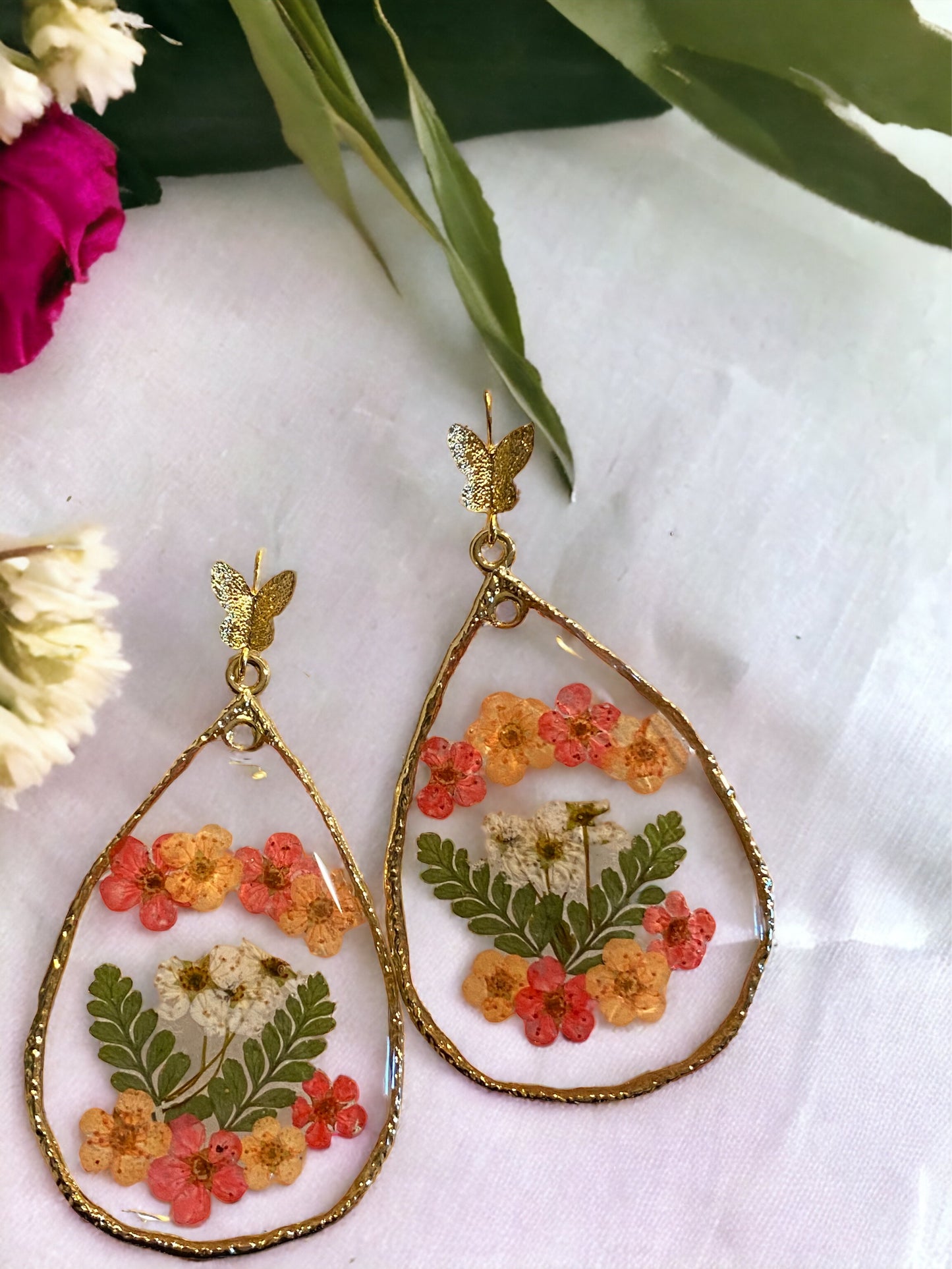 White, Orange and Red Plum Blossom Flower Earrings