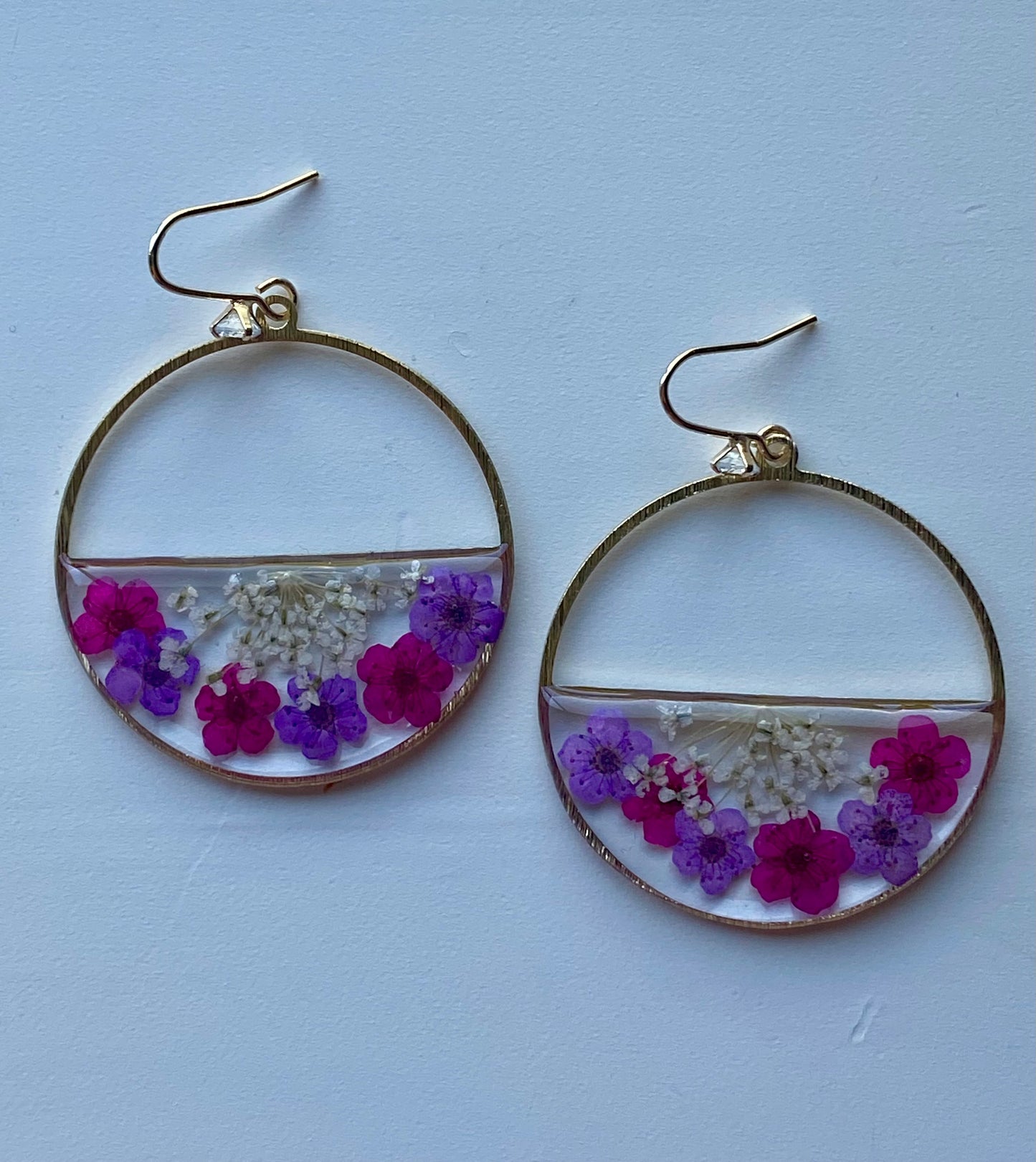Hot Pink, and Purple Plum Blossom Flowers with White Queen Anne’s Lace Earrings