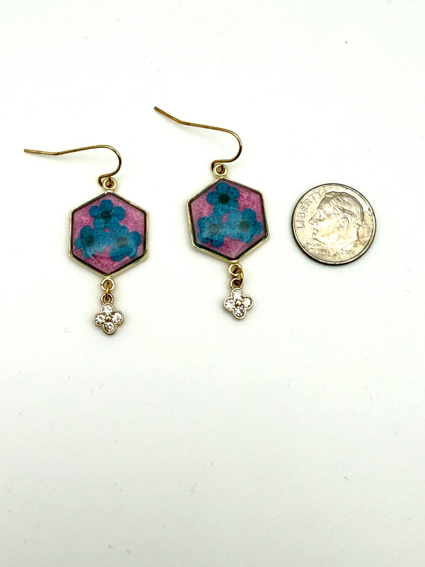 Pink Mica Powder with Teal Blue Plum Blossoms and a Dangling Rhinestone Charm