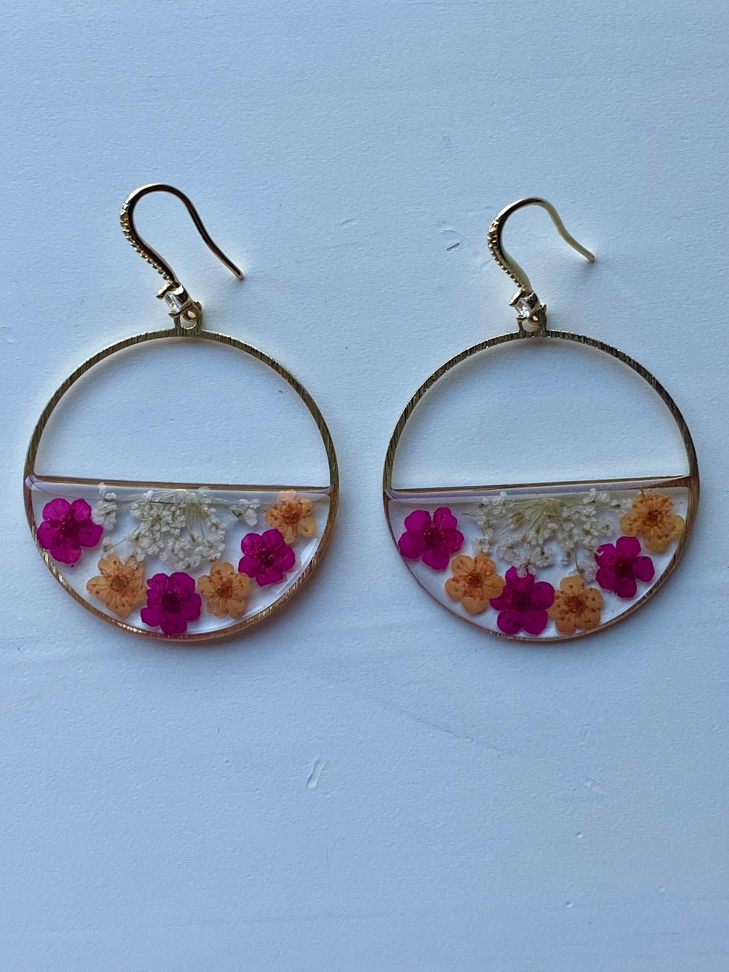 Hot Pink and Orange Plum Blossom Flowers with White Queen Anne’s Lace Earrings