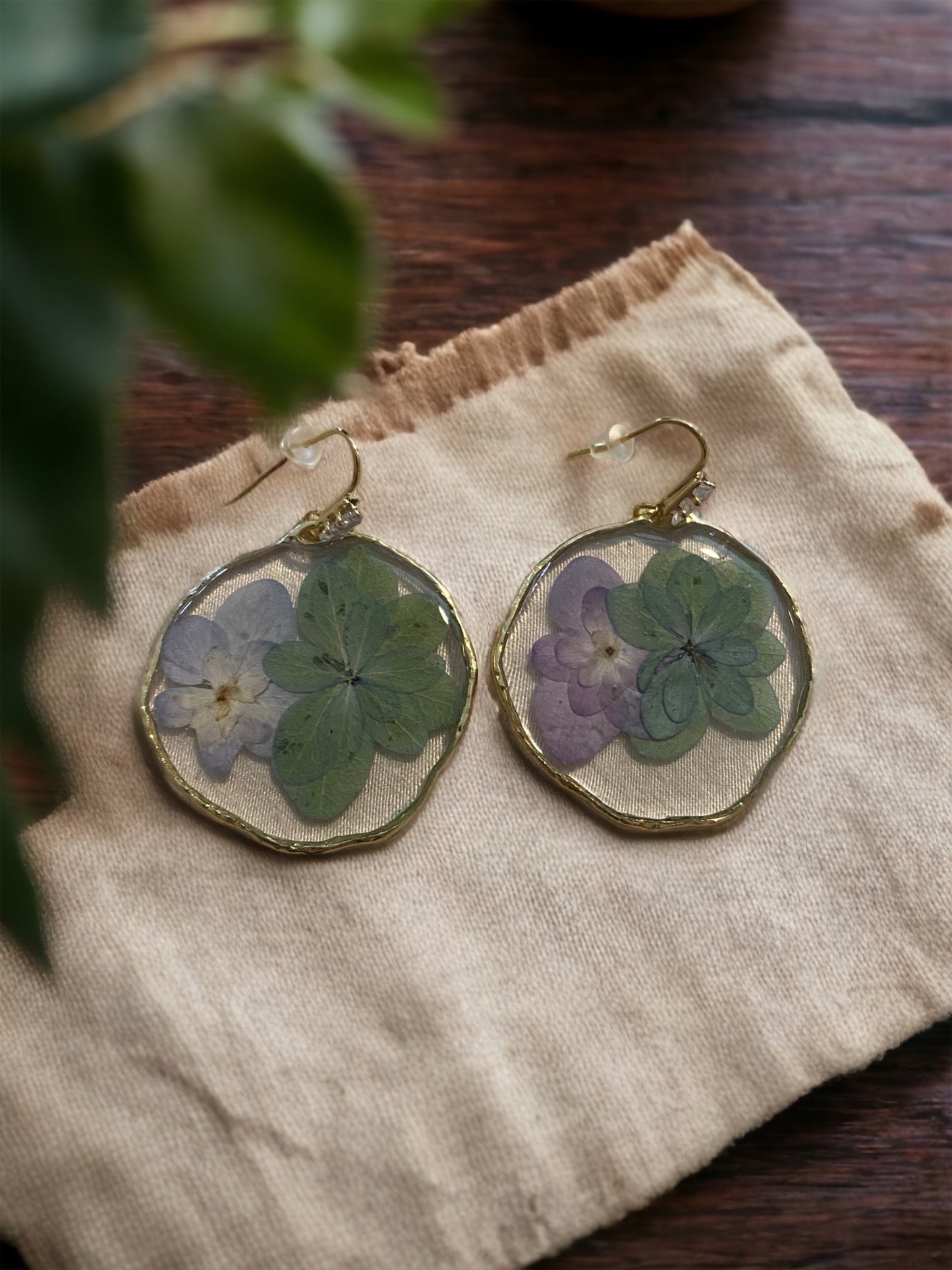 Green and Purple Double Petal Hydrangea Earrings
