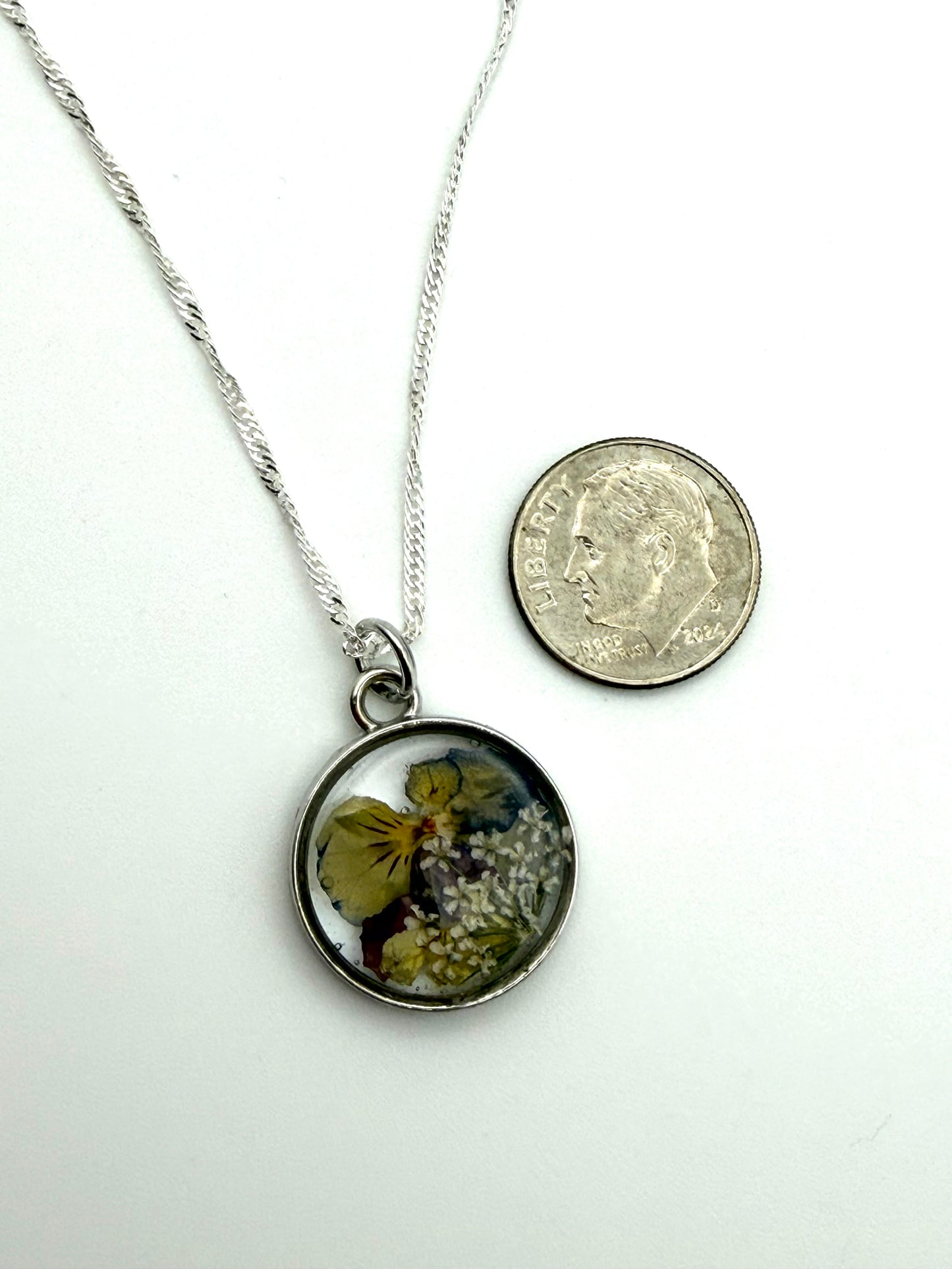 Mini Yellow and Purple Pansies with Queen Anne’s Lace
