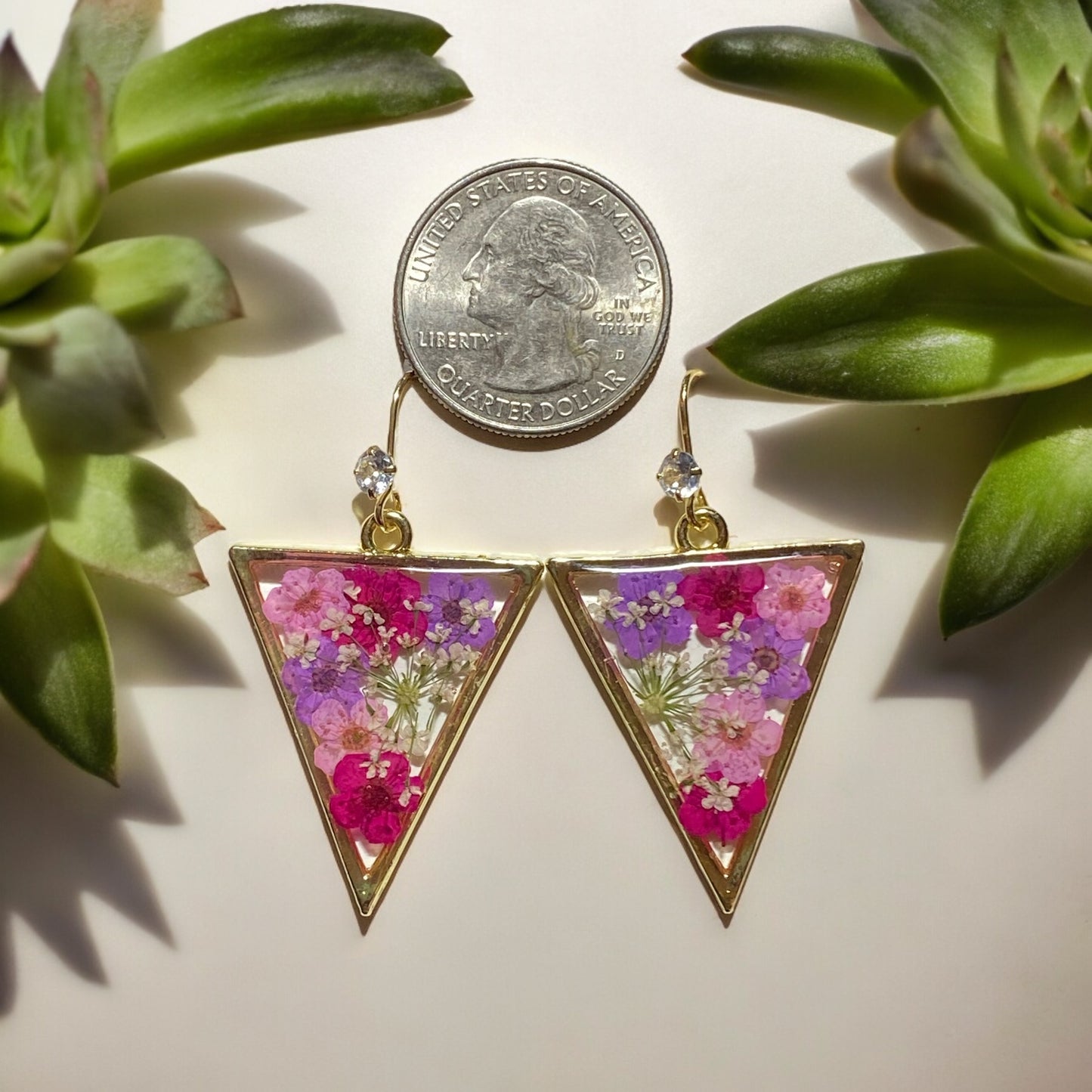 Purple, and Pink Plum Blossom Flowers with Queen Anne’s Lace Earrings
