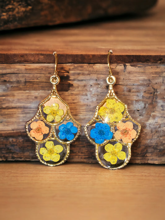 Yellow, Orange, and Blue Plum Blossom Flower Earrings
