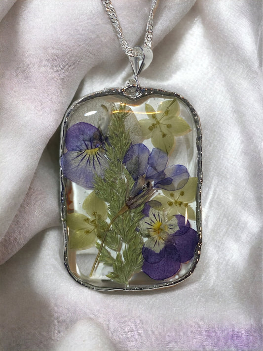 Purple Pansies with Dry Pressed Euphorbia Helioscopia Necklace