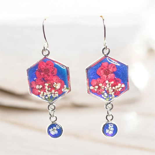 Blue Colored Mica Powder (Single) Dangle Earrings with Red Plum Blossoms and Queen Anne’s Lace