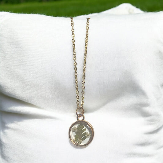 Dainty Rose Gold Bezel with Dry Pressed Fern with Pieces of Queen Anne’s Lace on a Brass Chain