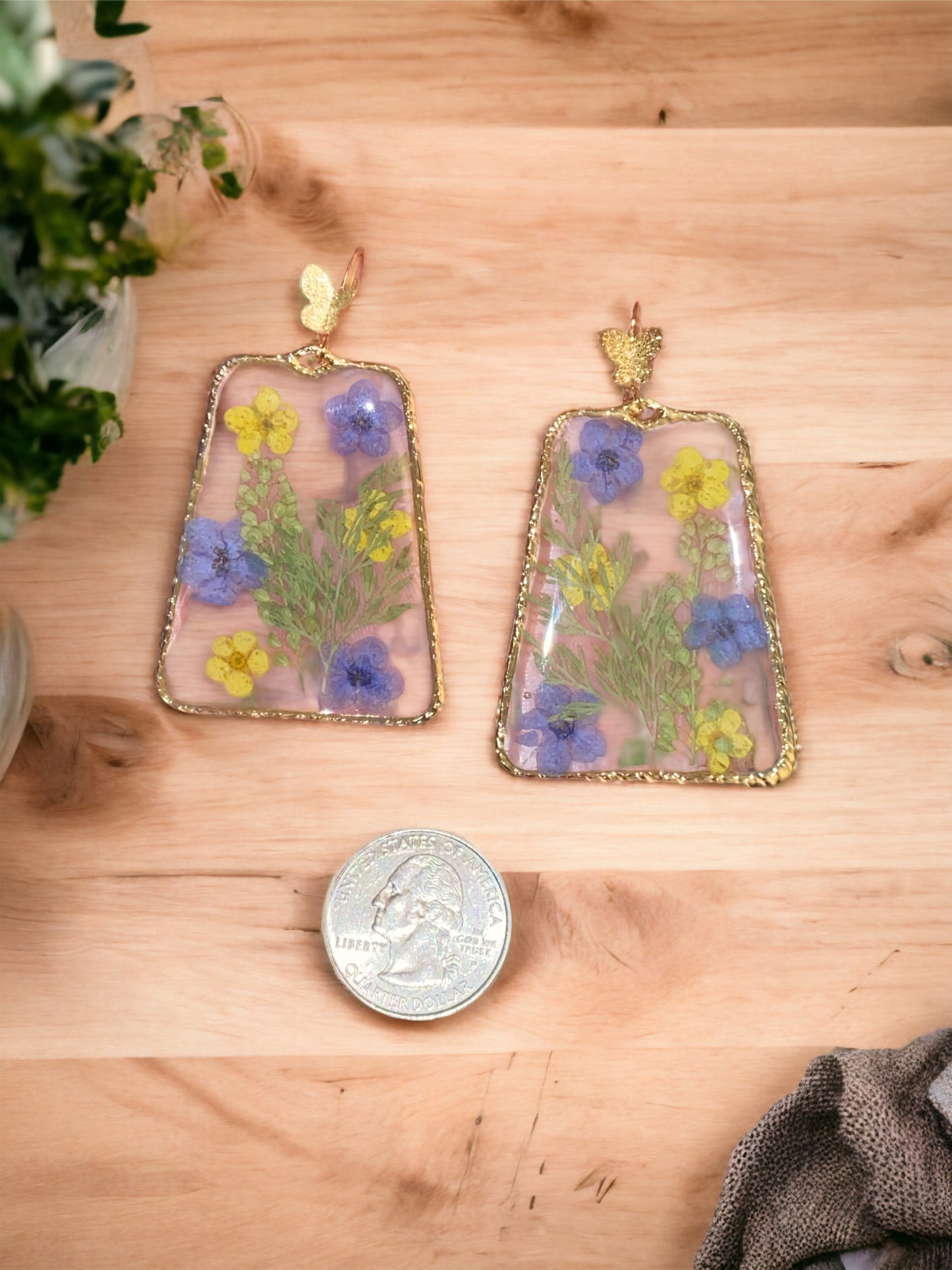 Blue Forget-Me-Not’s with Yellow Plum Blossoms and Dry Pressed Persian Garden Cress Earrings
