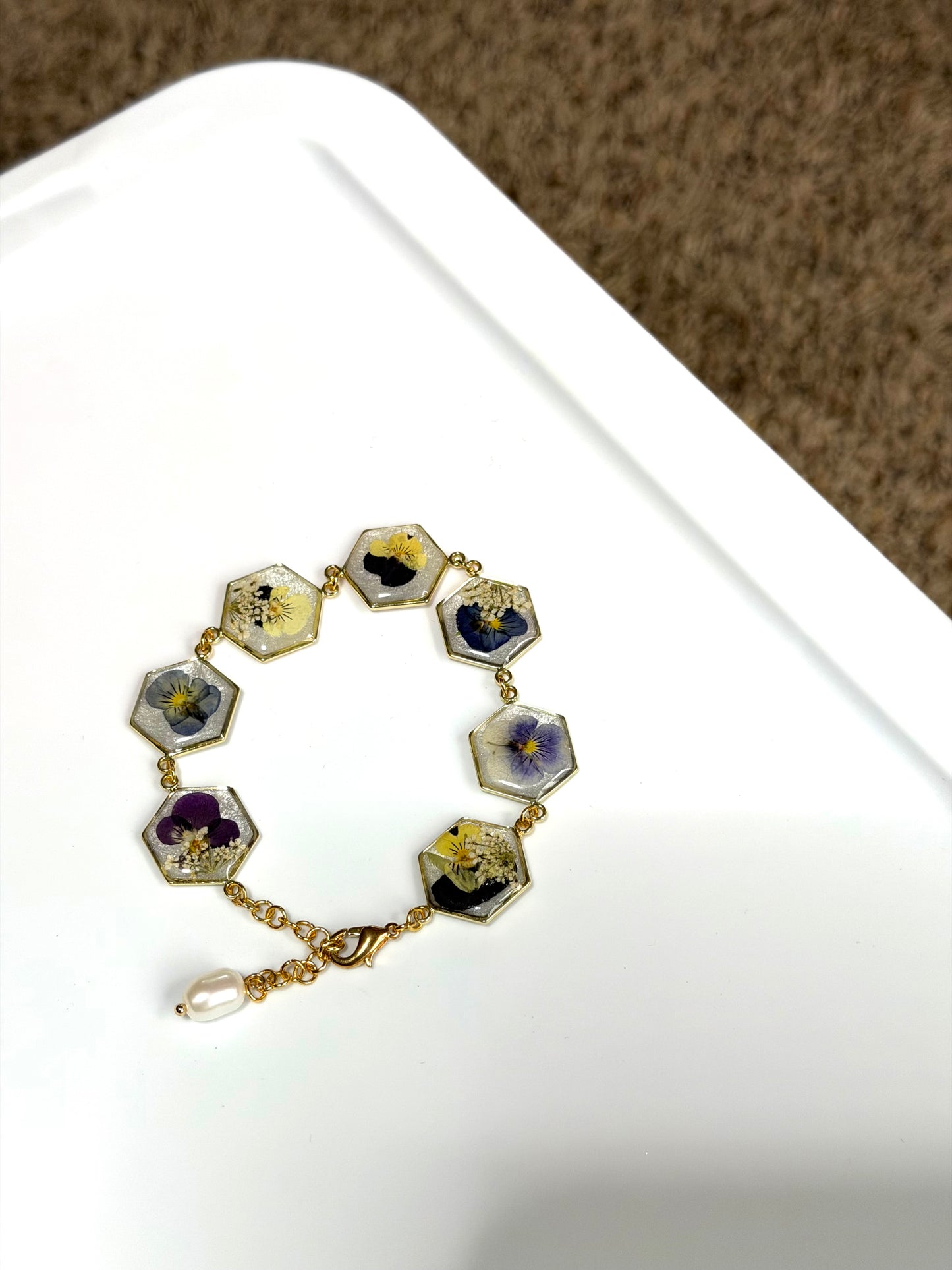 Gold Colored Bracelet with Opal Colored Mica Powder, Mini Pansies with Queen Anne’s Lace