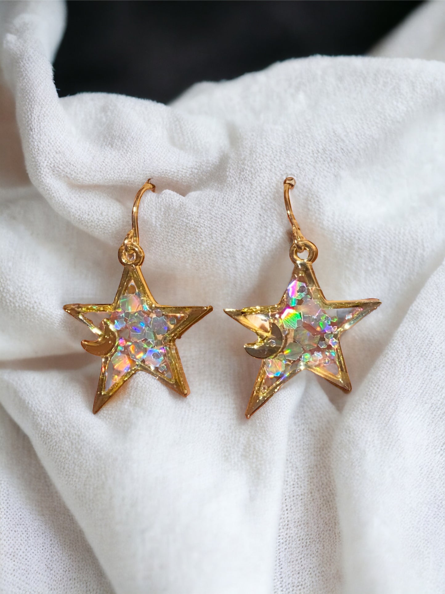 Star and Moon Shaped White Chunky Glitter Earrings