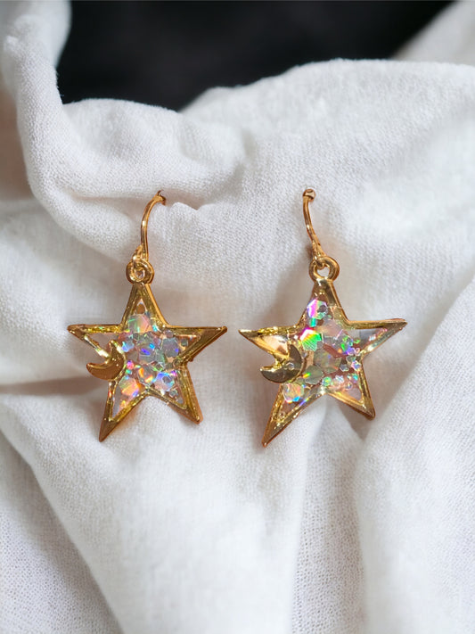 Star and Moon Shaped White Chunky Glitter Earrings