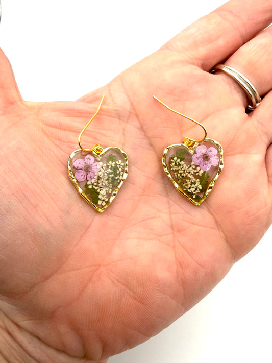 Heart Shaped Earrings with Light Purple Plum Blossoms, Queen Anne’s Lace and Pieces of Fern