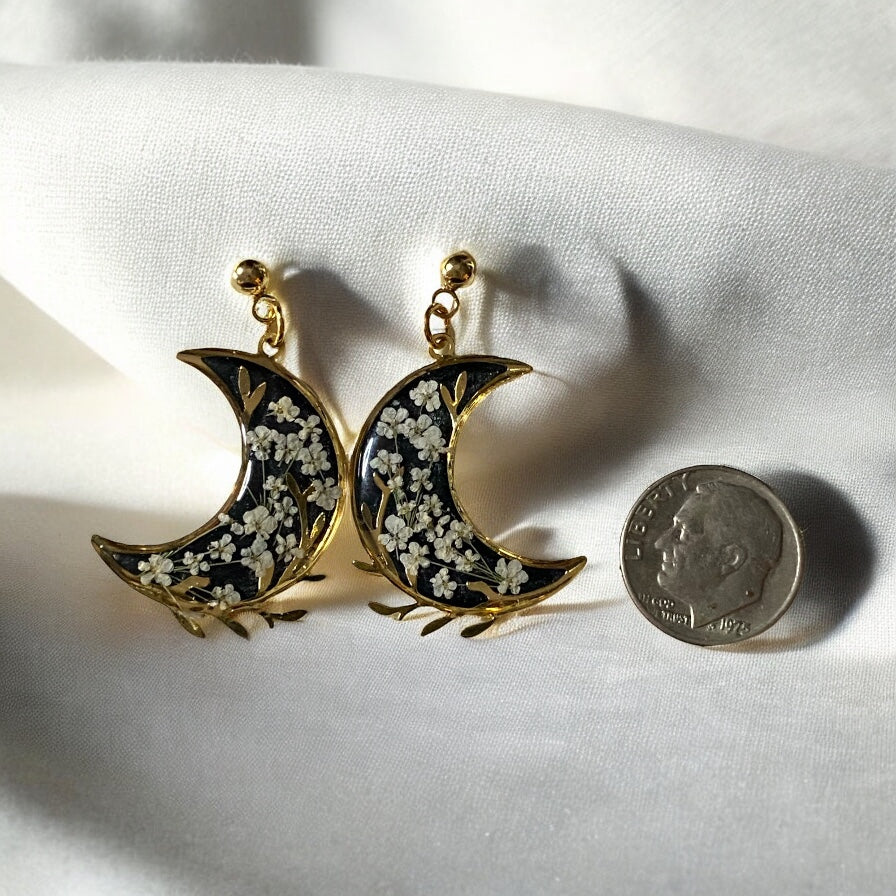 24 kt Plated Crescent Moons filled with Black Mica Powder and Pieces of Queen Anne’s