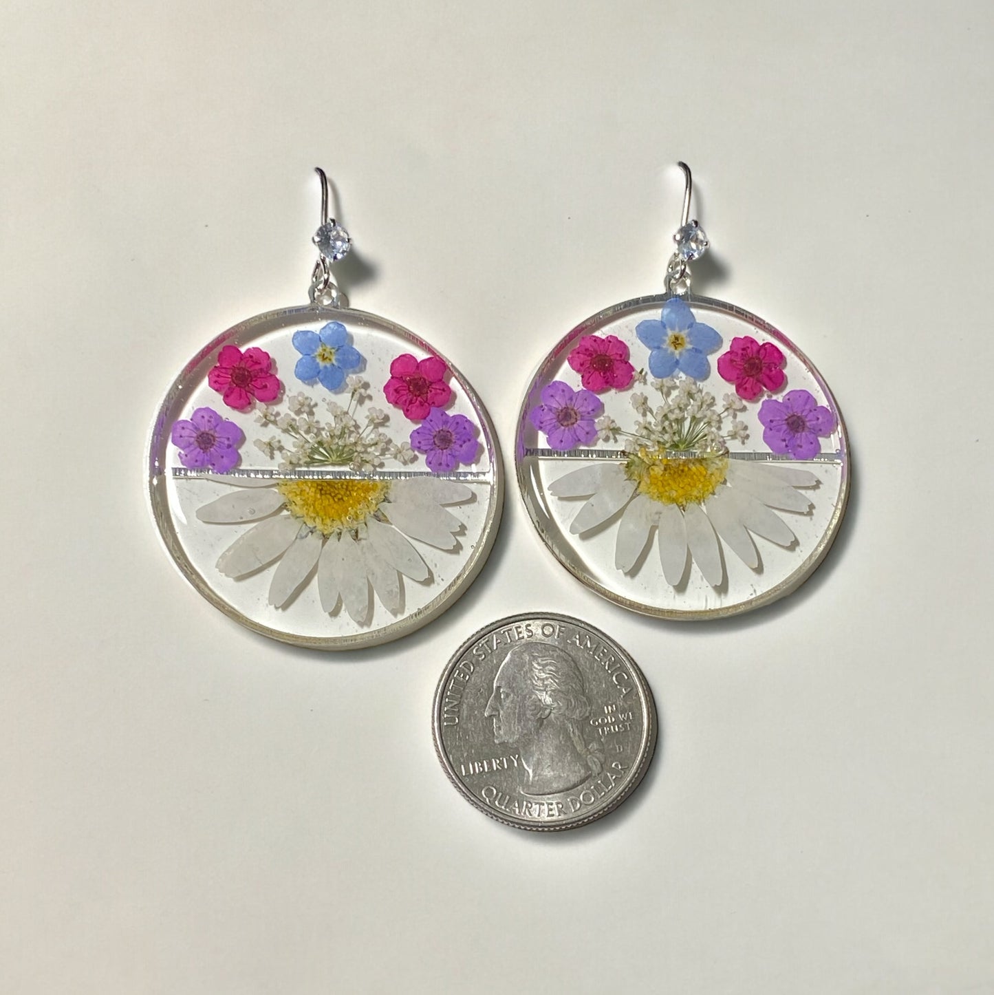 Daisies with Queen Anne’s Lace, Blue Forget-Me-Nots and Plum Blossom Earrings