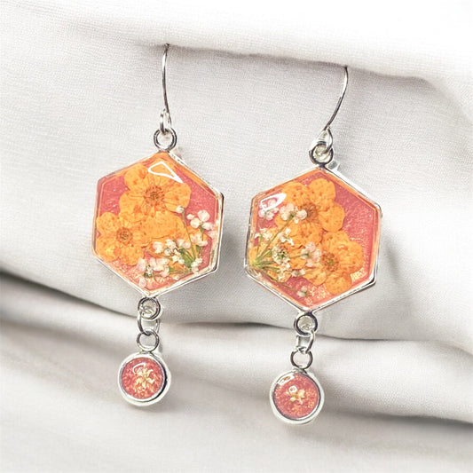 Coral Pink Colored Mica Powder (Single) Dangle Earrings with Orange Plum Blossoms and Queen Anne’s Lace