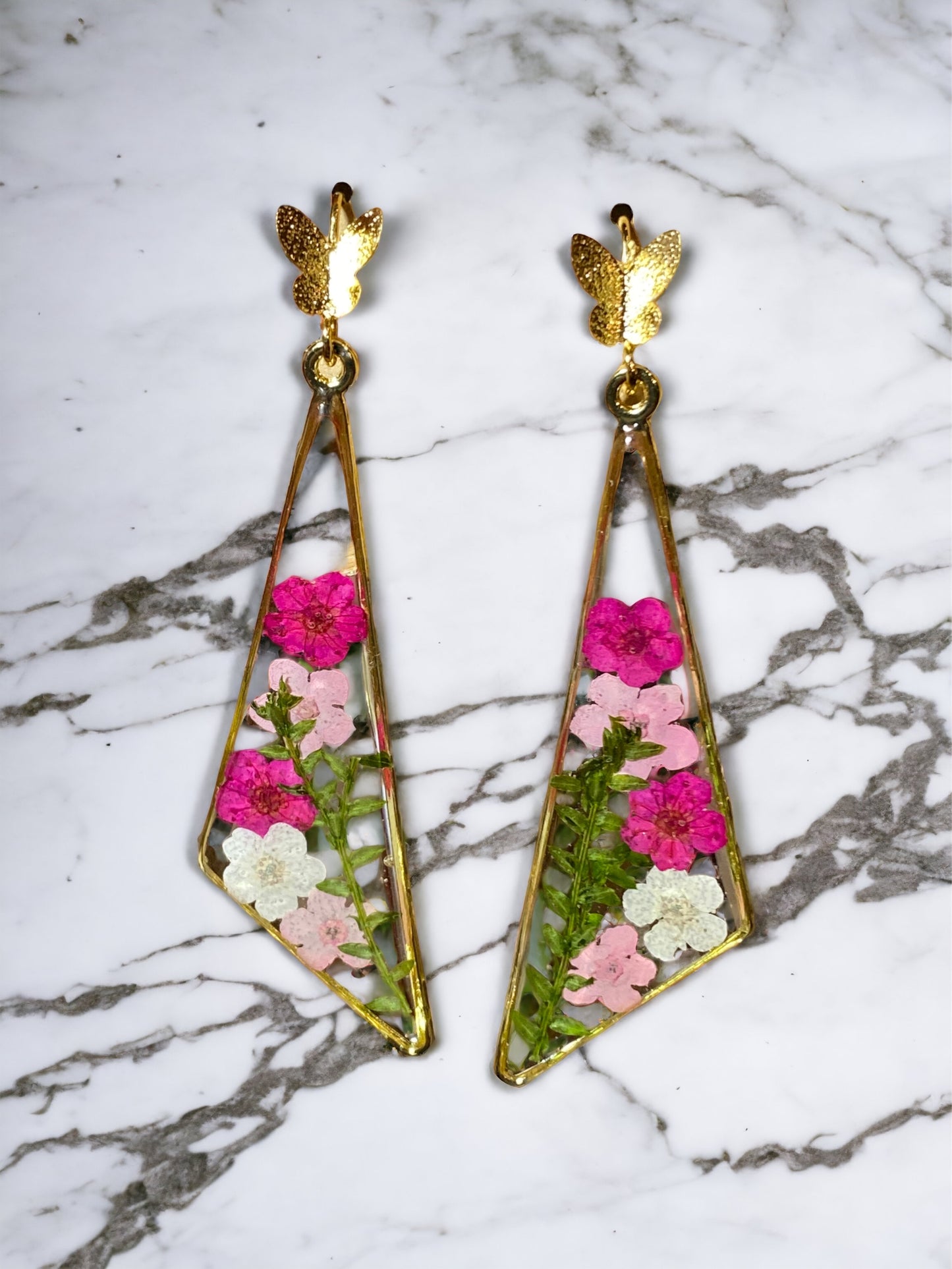 White and Dark Pink Plum Blossom Flower with Pink Forget-Me-Not Flower Earrings