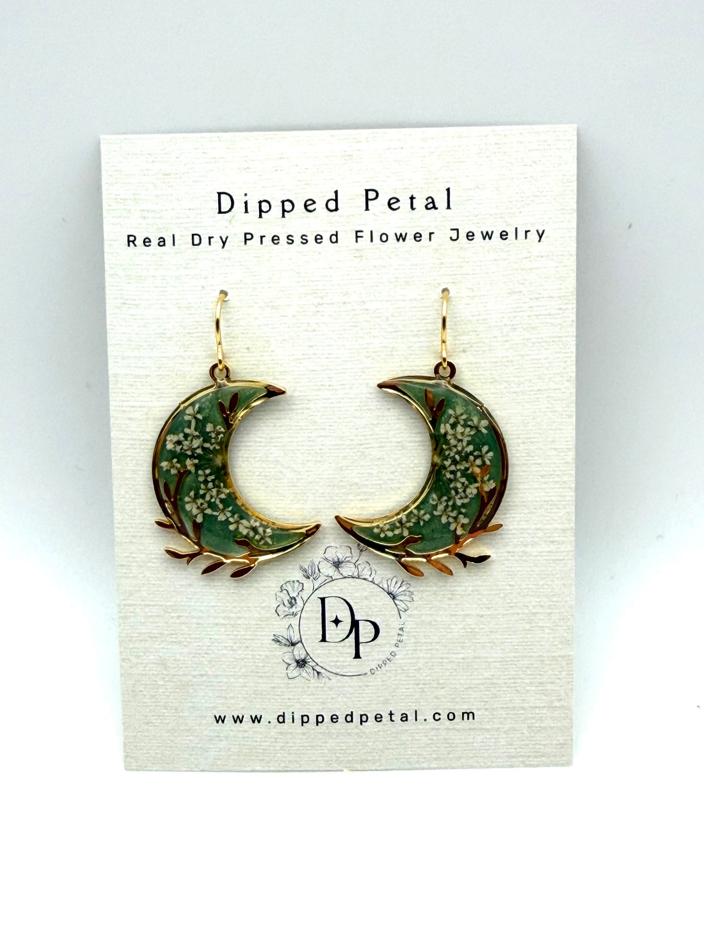 Gold Plated Crescent Moons filled with Aquamarine Green Mica Powder and Queen Anne’s Lace