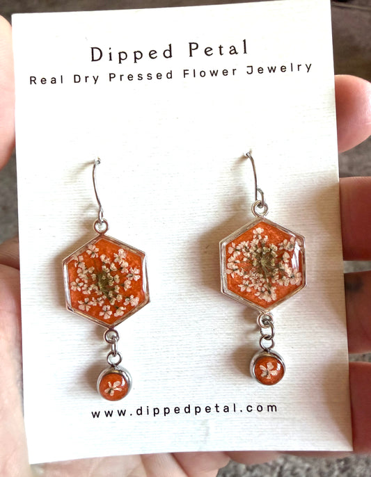 Orange colored Mica Powder (Single) Dangle Earrings with Queen Anne’s Lace