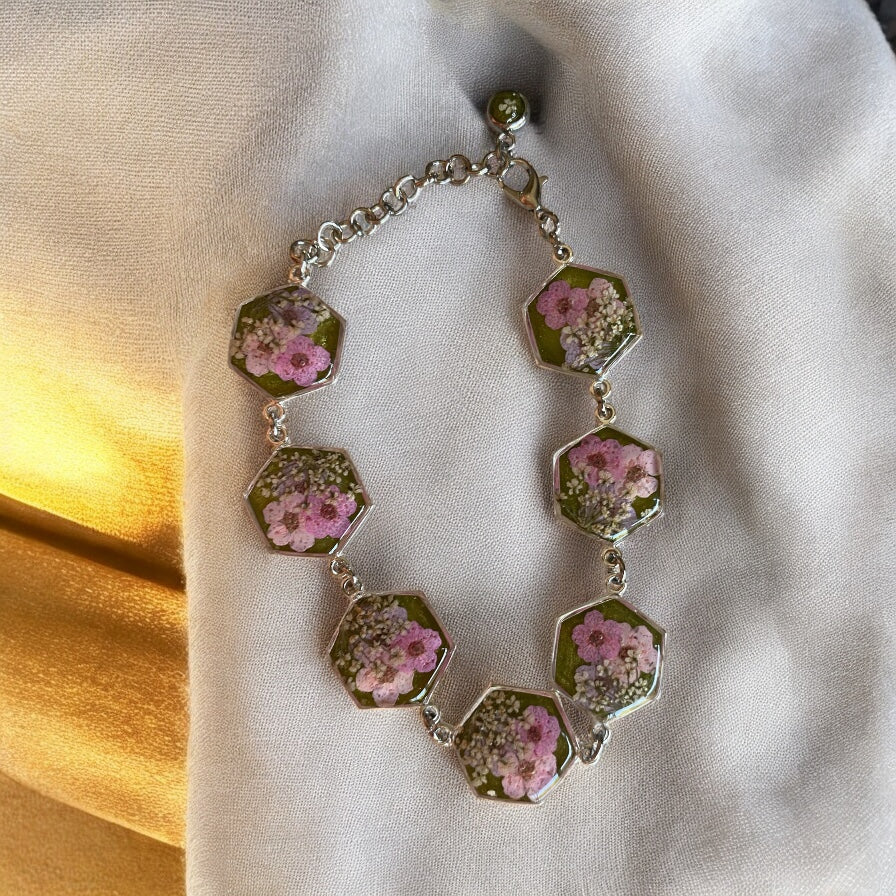 Groovy Green Mica Powder with Pink Plum Blossoms and pieces of Queens Anne’s Lace