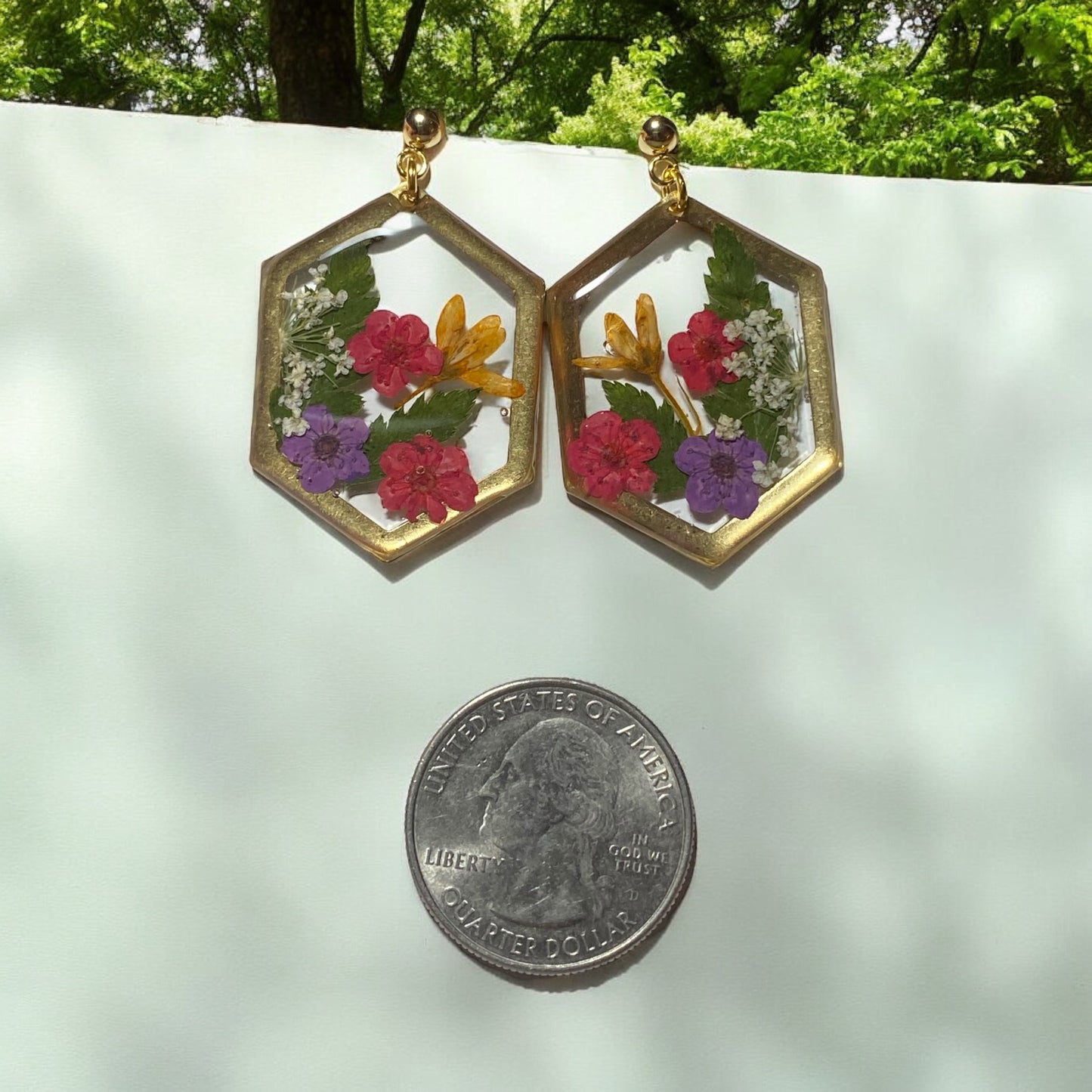 Red and Purple Plum Blossoms  with Orange Wild Flower, Dry Pressed Fern and Queen Anne’s Lace