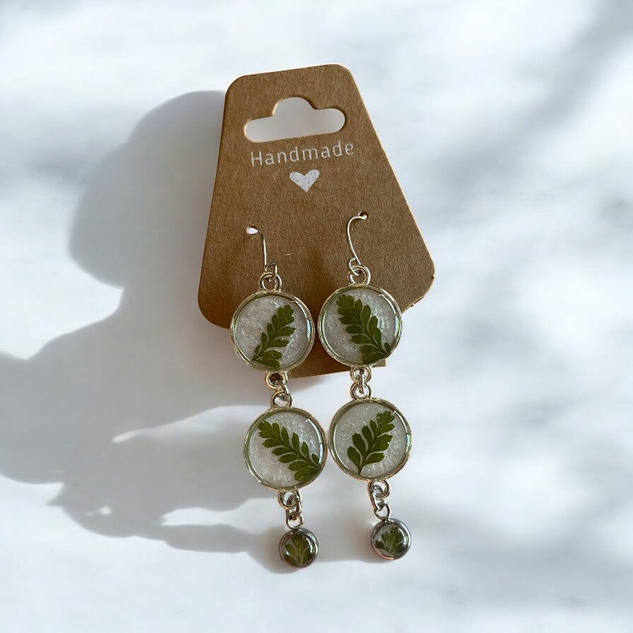 Opal White Mica Powder Dangle Earrings with Dry Pressed Fern