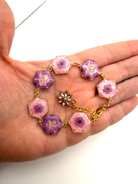 Gold Colored Bracelet with Light Pink Colored Mica Powder, Dark Purple Plum Blossoms and Queen Anne’s Lace