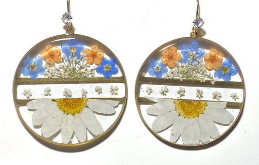 Split Daisies with Plum Blossoms, Blue Forget-Me-Nots and pieces of Queen Anne’s Lace Earrings