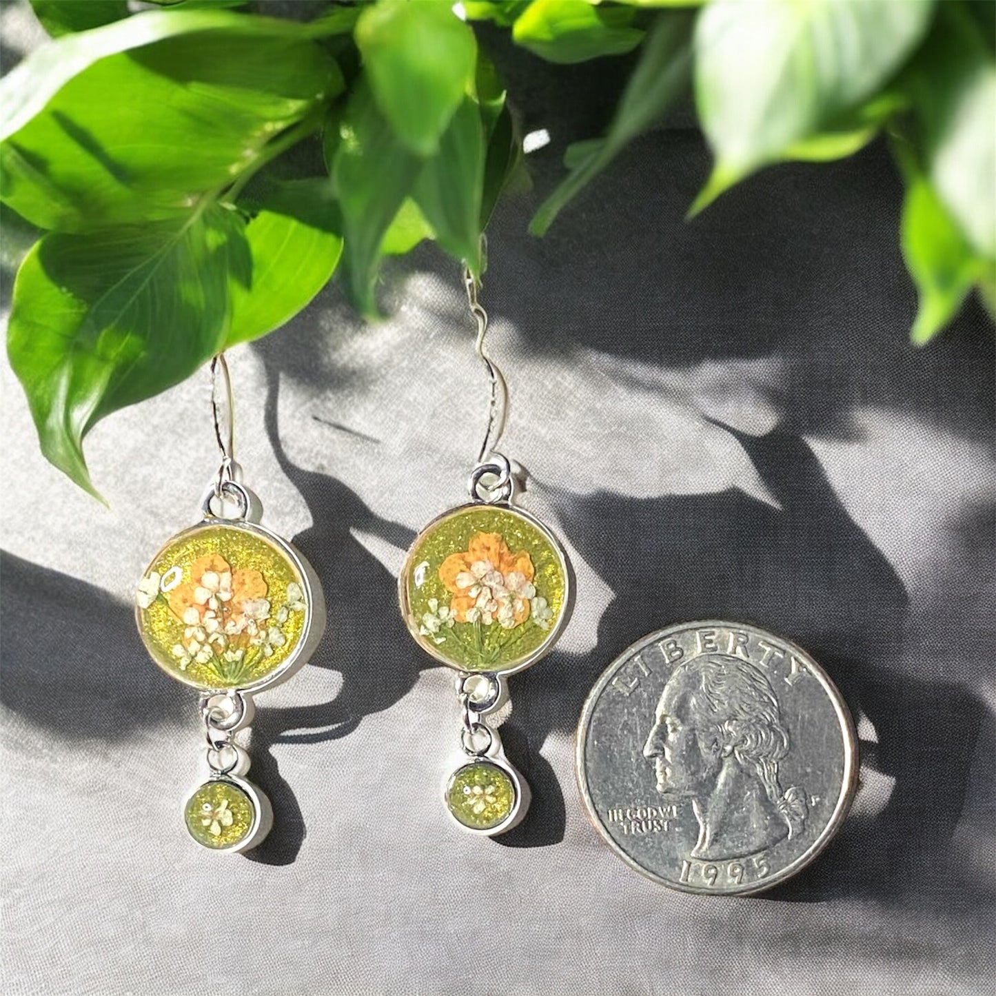 Groovy Green Colored Mica Powder (Single) Dangle Earrings with Orange Plum Blossoms and Queen Anne’s Lace