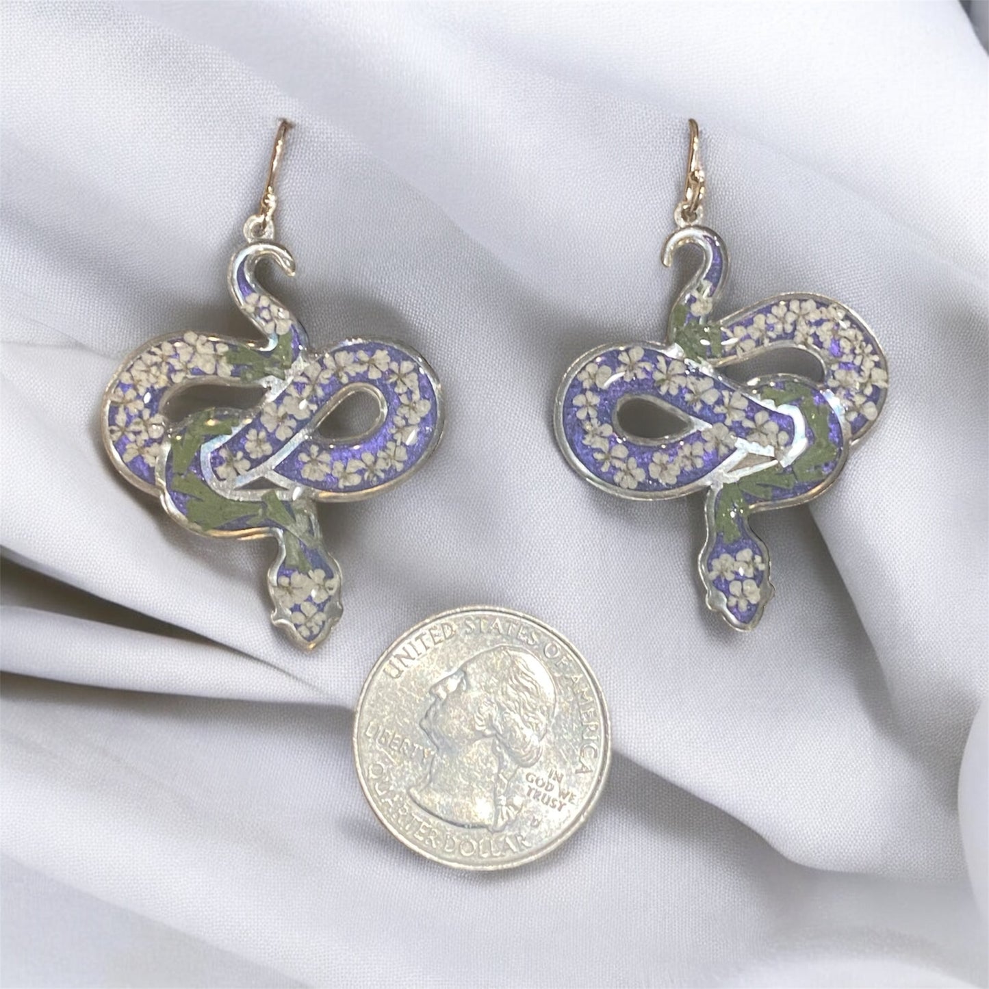 Snake Bezels with Dry Pressed pieces of Fern and Queen Anne’s Lace with Blue Mica Powder