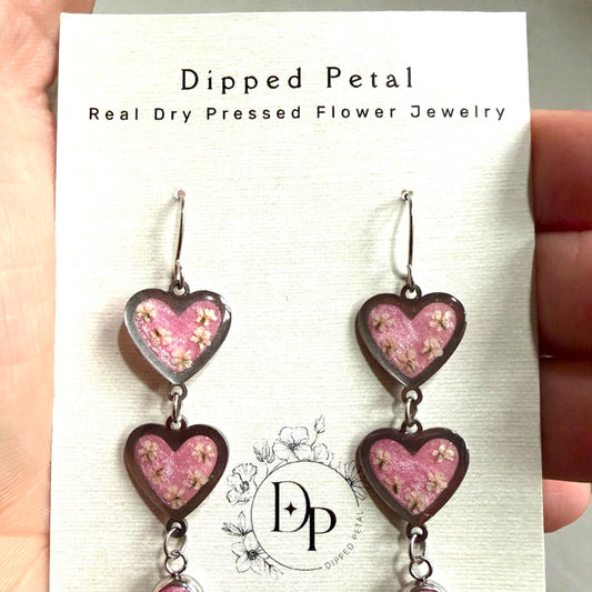 Heart Shaped Dangle Earrings and Pieces of Queen Anne’s Lace with Pink Mica Powder