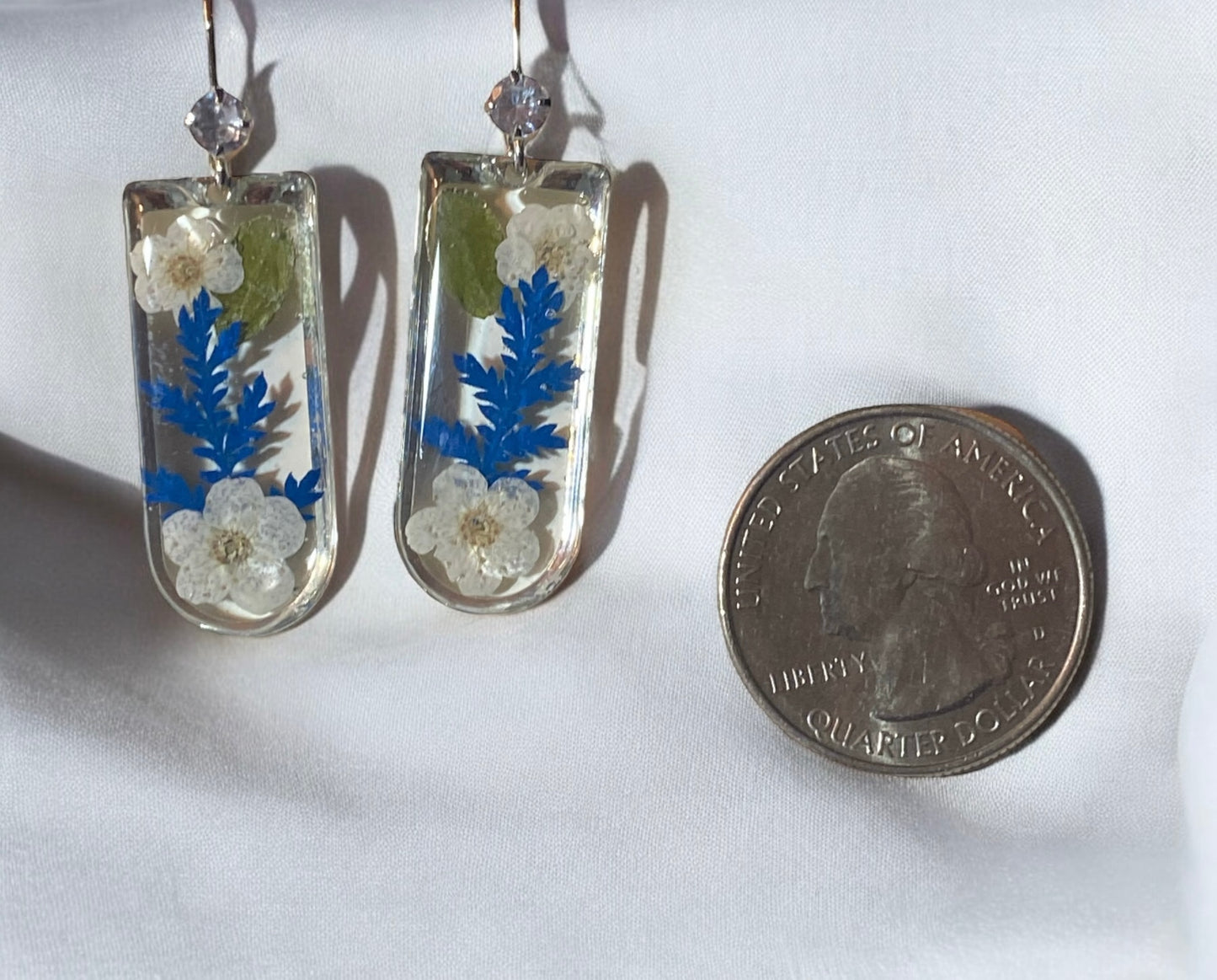 Blue dyed Fern and White Plum Blossoms with pieces Dry Pressed Leaves