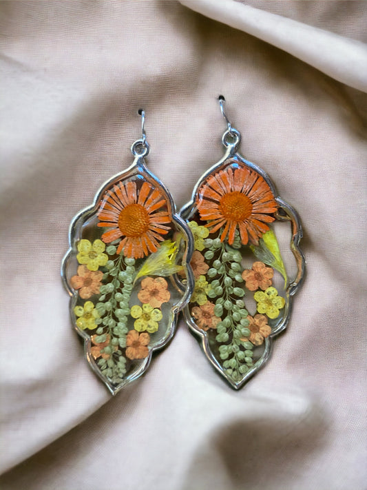Yellow and Orange Plum Blossoms with Orange Needle Chrysanthemum and Dry pressed Persian Garden Cress Earrings
