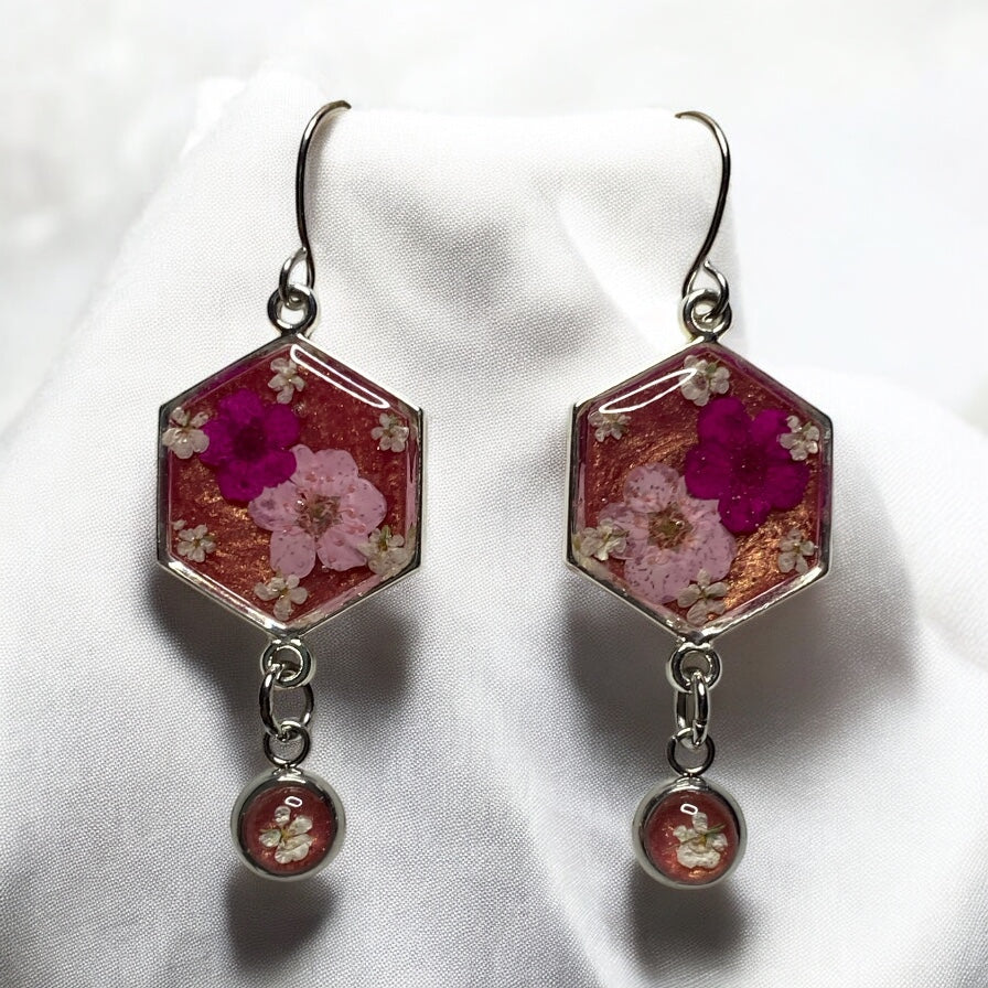 Pink Mica Powder Dangle Earrings with Light Pink and Hot Pink Plum Blossoms with pieces of Queen Anne’s Lace