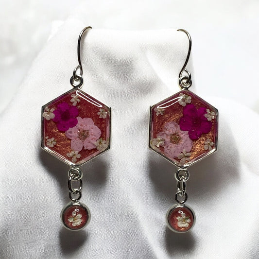 Pink Mica Powder Dangle Earrings with Light Pink and Hot Pink Plum Blossoms with pieces of Queen Anne’s Lace