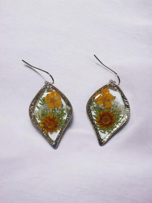 Orange Plum Blossom flowers with dry pressed leaves Earrings