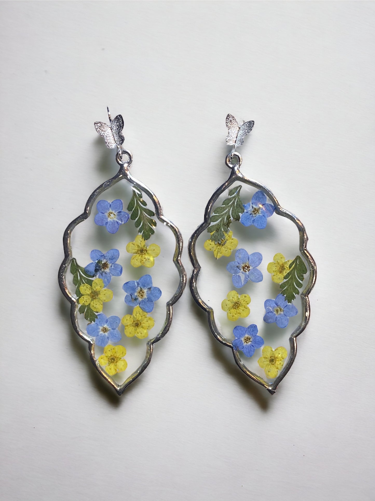 Yellow Plum Blossoms with Blue Forget-Me-Not Flowers and Dry pressed Fern Earrings