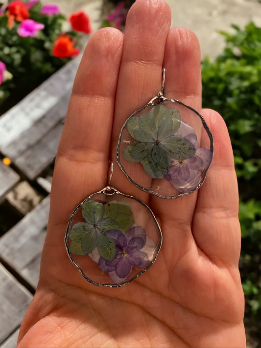 Green and Purple Double Petal Hydrangea Earrings