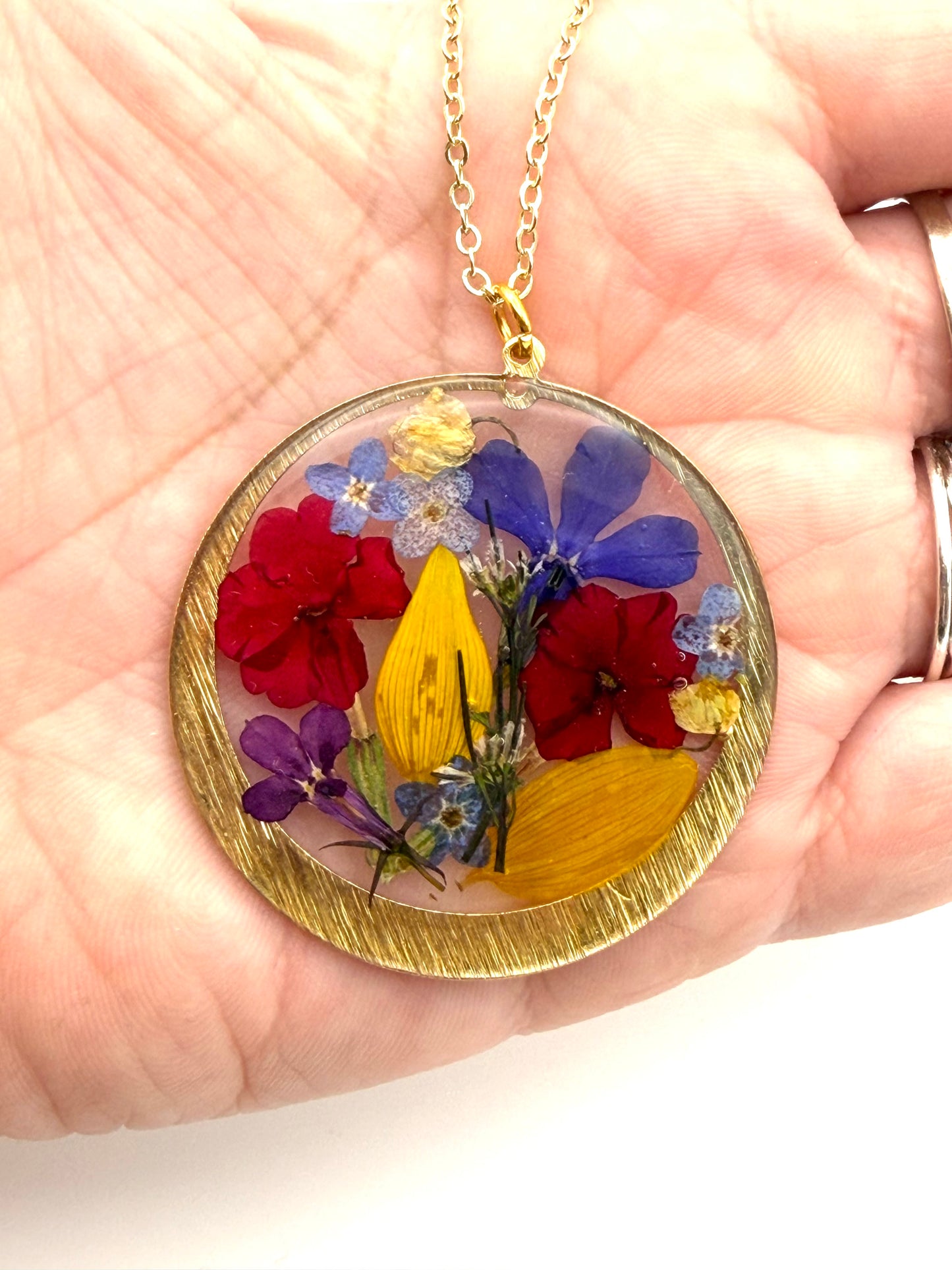 Sunflower Petals, Lily of the Valley, Red Verbena,Lobelia, and Forget-Me-Nots